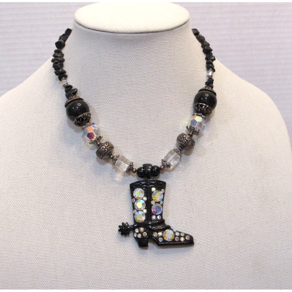 Eclectic Whimsical Black Country Western Cowboy Boot Rhinestone Necklace Rodeo
